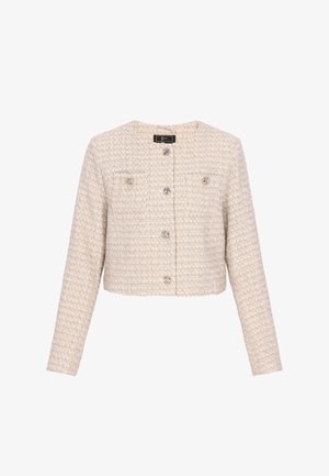 Beige og hvid tweed cropped jakke med lange ærmer, rund halsudskæring og seks dekorative sølvknapper foran og på brystlommerne.