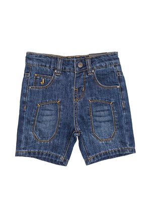 Shorts in denim per bambini con tasche frontali, chiusura con bottone, passanti per cintura e cuciture decorative in lavaggio blu scuro.