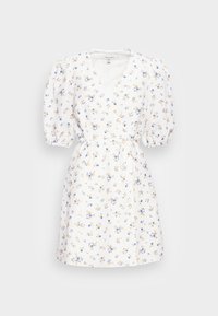 Weißes Blumen Kleid mit Puffärmeln, V-Ausschnitt und einem Bindegürtel. Verziert mit kleinen blauen und gelben Blumen sowie Knopfdetails. Leichter Stoff.
