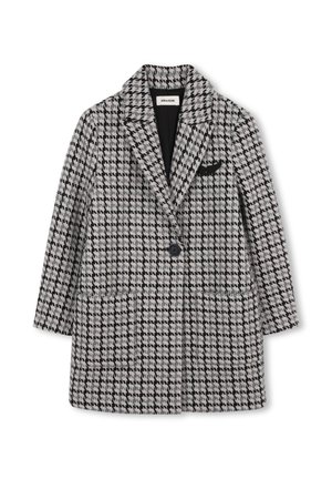 Grijs en zwart houndstooth jas met een notch-kraag, twee frontzakken en een enkele knoopsluiting. Voorzien van een gladde voering.