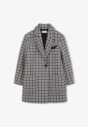 Manteau pied-de-poule gris et noir avec un col cranté, deux poches avant et une fermeture à un bouton. Dispose d'une doublure intérieure lisse.