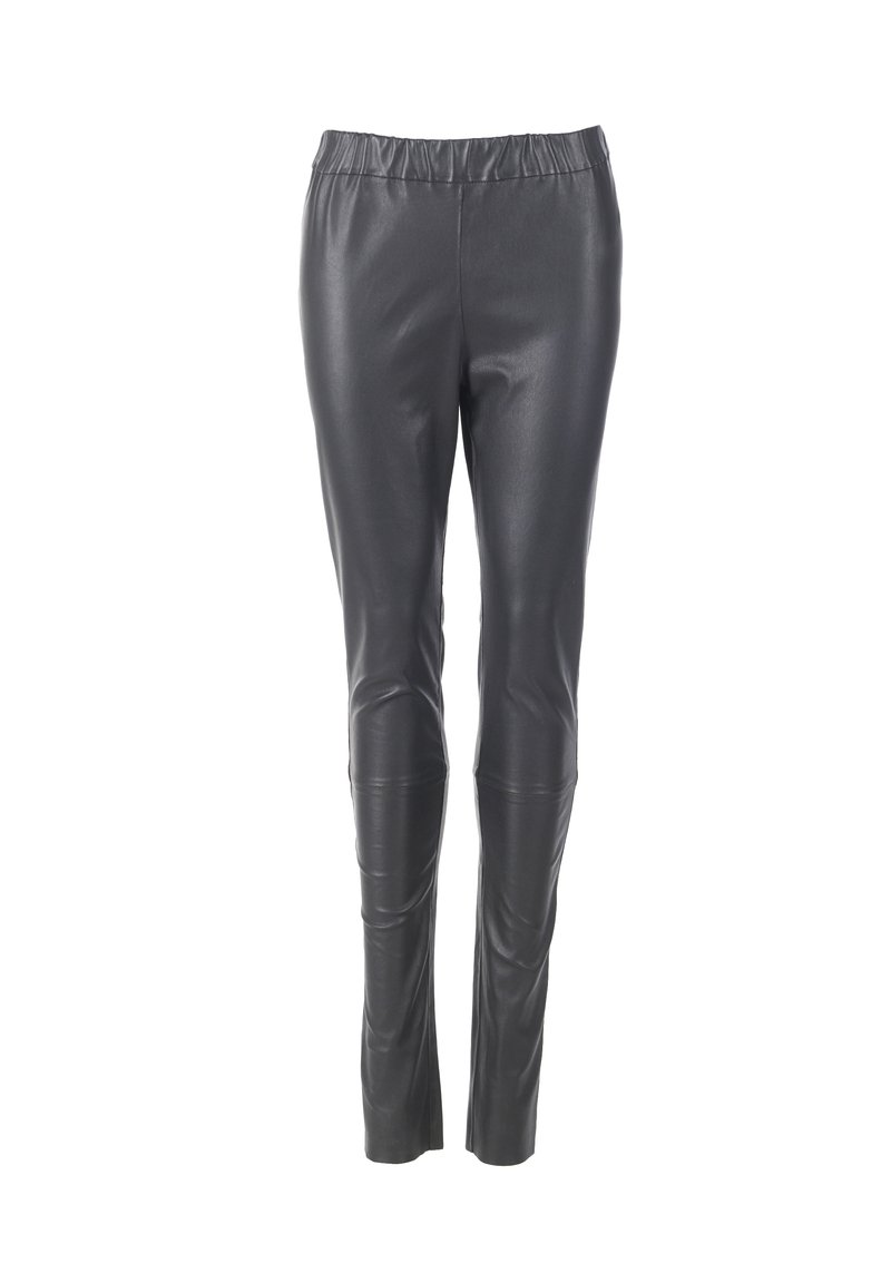 Zwarte nepleer leggings met een gladde textuur, elastische tailleband en slim fit ontwerp, met stiksel details langs de benen.