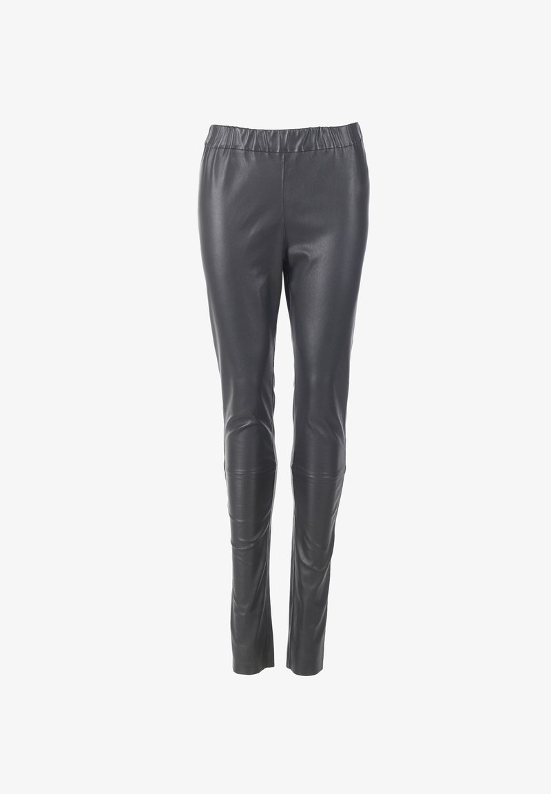 Zwarte nepleer leggings met een gladde textuur, elastische tailleband en slim fit ontwerp, met stiksel details langs de benen.