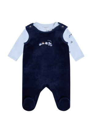 Marineblauwe babypak met lange witte mouwen en treinborduursel op borst en mouwen, met knoopsluitingen op de schouderbanden.