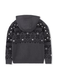 Camisola com capuz cinza em malha, com um padrão em preto e branco. Apresenta um capuz com cordão e punhos canelados. Os detalhes incluem motivos geométricos.