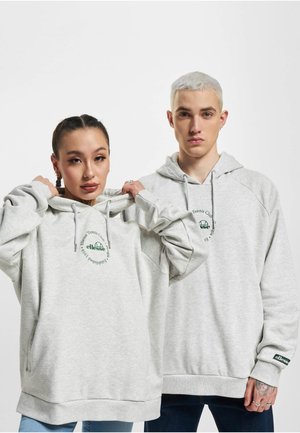 Zwei Models tragen hellgraue ellesse-Kapuzenpullover, eines richtet die Kapuze, beide blicken nach vorne vor einem schlichten weißen Hintergrund.