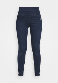 Jeans skinny de tiro alto en azul oscuro con bolsillos frontales y una silueta ajustada sobre un fondo blanco.