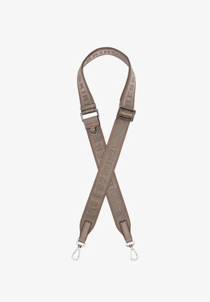 Regulowany pasek do torby z taupe tkaniny z metalowymi zapięciami i napisem "Liebeskind" wplecionym wzdłuż całej długości.
