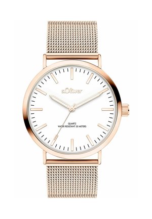 Roseguld armbåndsur med hvid urskive, minimalistiske timemarkører, mesh rem og tre visere, der viser 10:10:36, mærket s.Oliver, vandafvisende 50m.
