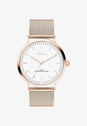 Montre-bracelet en or rose avec un cadran blanc, des marqueurs d'heure minimalistes, un bracelet en maille et trois aiguilles indiquant 10:10:36, marquée s.Oliver, étanche jusqu'à 50 m.