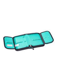 Black zippered case with a bright turquoise interior, featuring compartments and slots for organization, made of durable fabric.