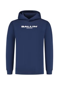Marineblauwe hoodie met een kangoeroezak, geribbelde manchetten en zoom. Heeft een wit "BALLIN" logo op de borst. Gemaakt van zachte stof.
