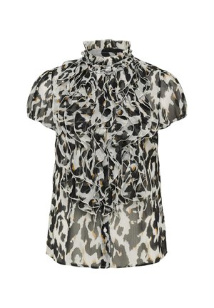 Bluzica s uzorkom leoparda u crno-bijeloj boji, s naboranim izrezom i kratkim rukavima. Izrađena od laganog materijala s mekim, teksturiranim završetkom.