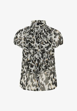 Mustavalkoinen leopardi-printtiotsa, jossa on röyhelökaula ja lyhyet hihat. Valmistettu kevyestä materiaalista, jossa on pehmeä, tekstuurinen pinta.