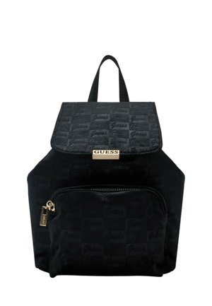 Zaino Guess nero con tasca frontale con zip, chiusura a patta con motivo logo testurizzato e targa con logo Guess color oro sulla patta.
