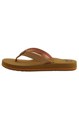 Brown rubber flip-flop with thin straps featuring a colorful woven design. Flat sole with a textured surface and subtle orange accent.