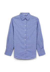 Camicia a maniche lunghe a quadri blu e bianchi con colletto button-down, caratterizzata da una vestibilità standard e polsini regolabili, realizzata in tessuto leggero.