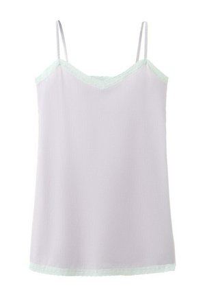 Lekka lawendowa koszulka na ramiączkach z cienkimi paskami i delikatną koronką wzdłuż dekoltu i brzegu.