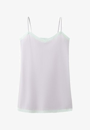 Maiou fără mâneci, de culoare lavandă deschisă, cu bretele subțiri și o margine delicată din dantelă de-a lungul decolteului și tivului.