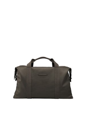 Sac de sport vert foncé en tissu durable, doté de deux poignées, d'un design minimaliste et de côtés zippés pour le rangement.