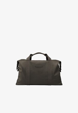 Sac de sport vert foncé en tissu durable, doté de deux poignées, d'un design minimaliste et de côtés zippés pour le rangement.