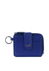 Cartera de cuero azul con cierre de cremallera, bolsillo frontal con snap, múltiples ranuras para tarjetas y un llavero de metal. Textura suave y diseño minimalista.