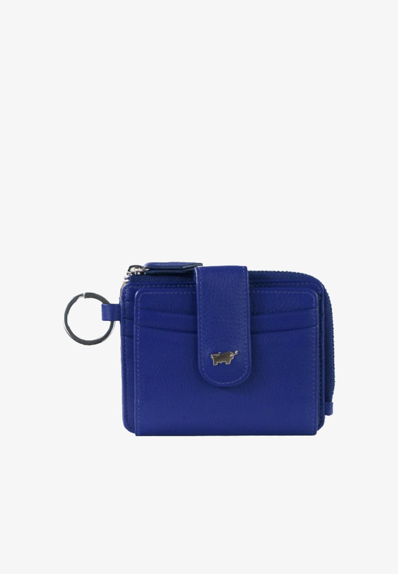 Portefeuille en cuir bleu avec fermeture éclair, poche à pression à l'avant, plusieurs emplacements pour cartes et un porte-clés en métal. Texture lisse et design minimaliste.