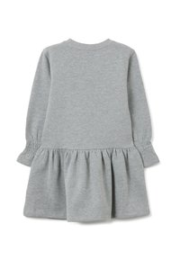 Vestito grigio a maniche lunghe con vita arricciata, gonna svasata e polsini elasticizzati. Realizzato in tessuto morbido e strutturato. Adatto per un abbigliamento casual.