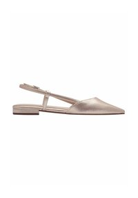 Metalická růžově zlatá slingback plochá bota s špičatou špicí, minimalistickými pásky a malým blokovým podpatkem. Hladká textura a elegantní design.