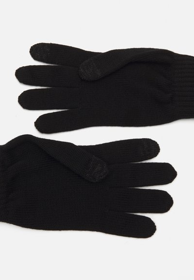 Svarta stickade handskar med ribbat manschett, femfingersdesign och texturerade fingertips för grepp. Slätt tyg med en sömlös finish.