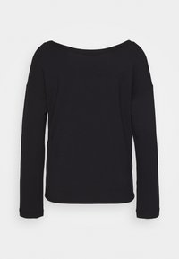 Top lungo nero a maniche lunghe con scollo off-shoulder, in tessuto morbido e vestibilità rilassata. Nessun motivo o decorazione visibile.