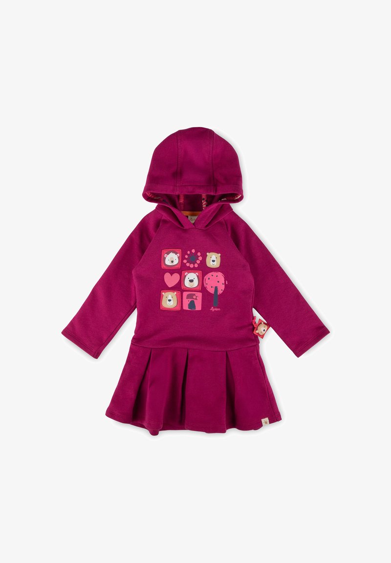Fuchsia Kapuzenkleid aus weichem Stoff mit einem plissierten Rock. Es hat Tiergrafiken und einen Baum. Enthält ein Etikett mit einem Bärencharakter.
