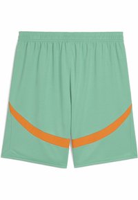 Pantalones cortos de color verde menta hechos de una tela ligera, con un patrón de rayas diagonales naranjas a lo largo de los lados y una cinturilla elástica.