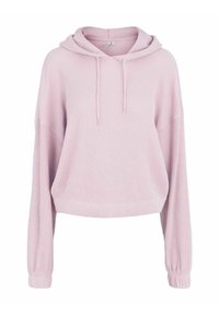 Jasnoróżowa prążkowana bluza z kapturem z kieszenią kangurką, regulowanym ściągaczem i długimi rękawami zakończonymi elastycznymi mankietami, zaprojektowana na luźny fason.