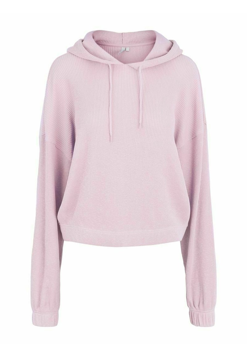 Jasnoróżowa prążkowana bluza z kapturem z kieszenią kangurką, regulowanym ściągaczem i długimi rękawami zakończonymi elastycznymi mankietami, zaprojektowana na luźny fason.