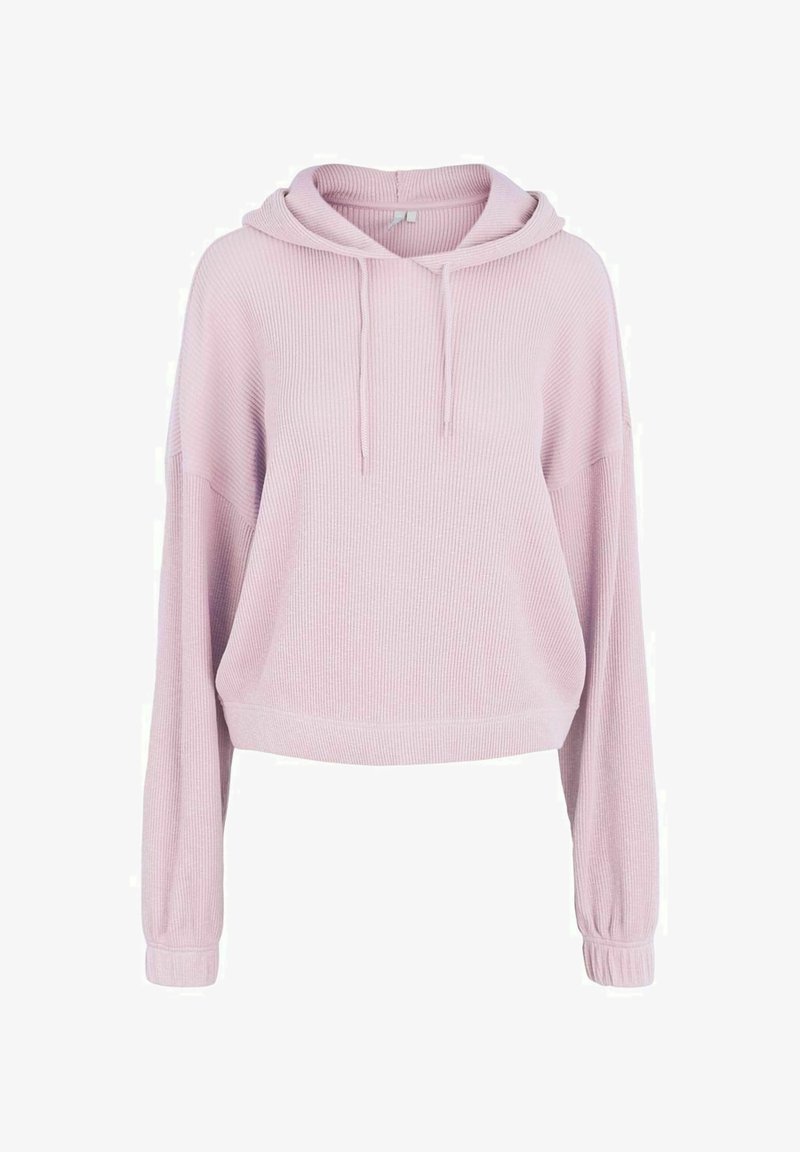Jasnoróżowa prążkowana bluza z kapturem z kieszenią kangurką, regulowanym ściągaczem i długimi rękawami zakończonymi elastycznymi mankietami, zaprojektowana na luźny fason.
