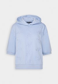 Světle modrá mikina s krátkým rukávem, s žebrovanými manžetami a lemem, s rozptýleným prošívaným brandingem "A|X" po celé látce.