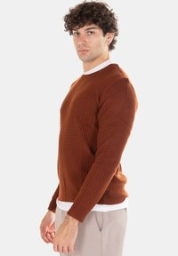 Maglione marrone lavorato a maglia con motivo testurizzato, collo tondo e orlo a coste. Indossato sopra una camicia bianca, con maniche lunghe aderenti.