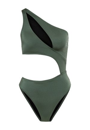 Eén-schouder olijfgroene zwempartij met uitsparingen, een high-waisted onderkant en een slanke, gladde textuur. Contrasterende zwarte voering zichtbaar.