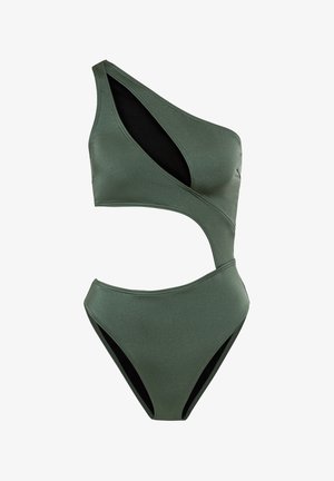 Ein einseitiger olivgrüner Badeanzug mit Aussparungen, hohem Bund und einer eleganten, glatten Textur. Sichtbare kontrastierende schwarze Biese.