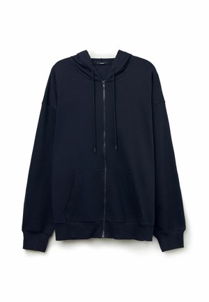 Marineblaues Zip-Hoodie mit verstellbarem Kapuzenzug, frontaler Kängurutasche und gerippten Bündchen. Hergestellt aus weichem, strukturiertem Stoff, bietet es eine lässige Passform.