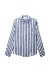 Chemise à manches longues en lin à rayures bleues et blanches, avec un devant à boutons, un col et une poche poitrine du côté gauche.