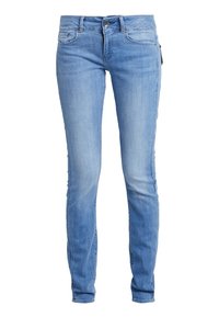 Hellblaue Denim-Jeans mit schlanker Passform, fünf Taschen und subtiler Ausbleichung. Mit einem Knopfverschluss und einem auffälligen Markenetikett am Bund.