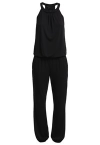 Combinaison noire sans manches avec col montant et taille froncée, pantalon ample et haut style dos nageur.