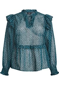 Tiefgrüne Bluse mit Rüschenschultern und -kragen. Das transparente Material hat weiße und dunkelgrüne Punkten, eine Peplum-Taille und lange Ärmel mit Rüschensäumen.