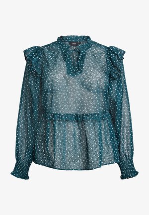 Türkiis bluus, millel on kortsus õlad ja kaelus. Läbipaistev kangas on kaunistatud valgete ja tumejõe-roheliste täpikestega, peplum vöökoht ja pikad varrukad, millel on kortsus mansetid.