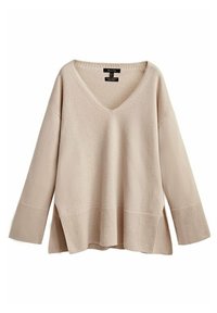 Beige V-hals trui met lange mouwen, geribde manchetten en een gestructureerde afwerking. Heeft een comfortabele pasvorm en zijsplitten aan de zoom.