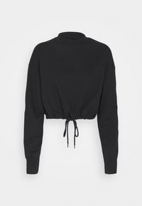 Felpa cropped nera realizzata in tessuto morbido. Presenta maniche lunghe, un colletto alto e un cordino regolabile all'orlo.