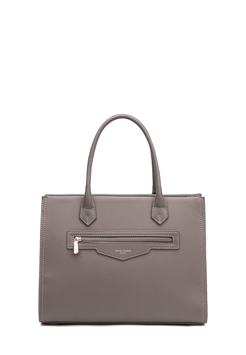 Grau synthetisches Leder Handtasche mit zwei Griffen, strukturierter Form, frontalem Reißverschlussfach und goldenen Hardware-Akzenten.