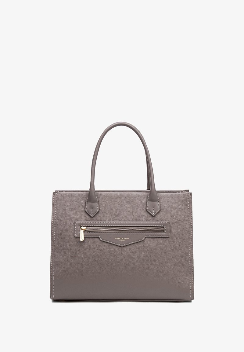 Sac à main en cuir synthétique gris avec deux poignées, forme structurée, poche zippée à l'avant et accents en métal doré.